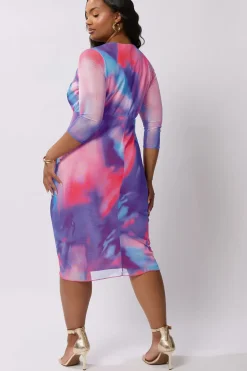 Abstract Print Mesh Gathered Midi Dress