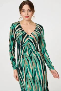 Abstract Print Ruched V-Neck Midi Dress