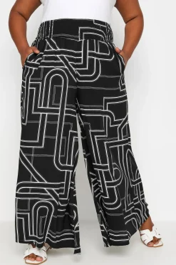 Abstract Print Shirred Wide Leg Trousers