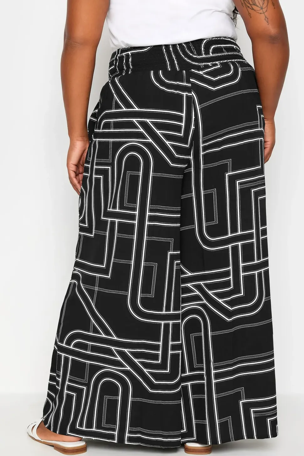 Abstract Print Shirred Wide Leg Trousers