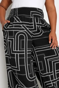 Abstract Print Shirred Wide Leg Trousers