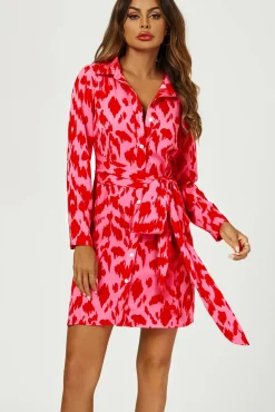 Abstract Print Shirt Mini Wrap Dress In Pink