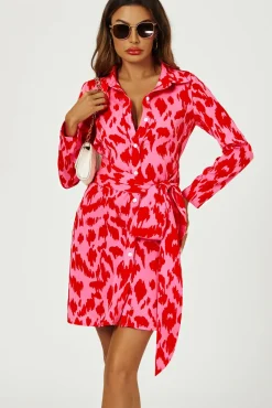 Abstract Print Shirt Mini Wrap Dress In Pink
