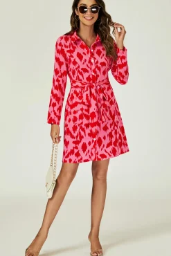 Abstract Print Shirt Mini Wrap Dress In Pink