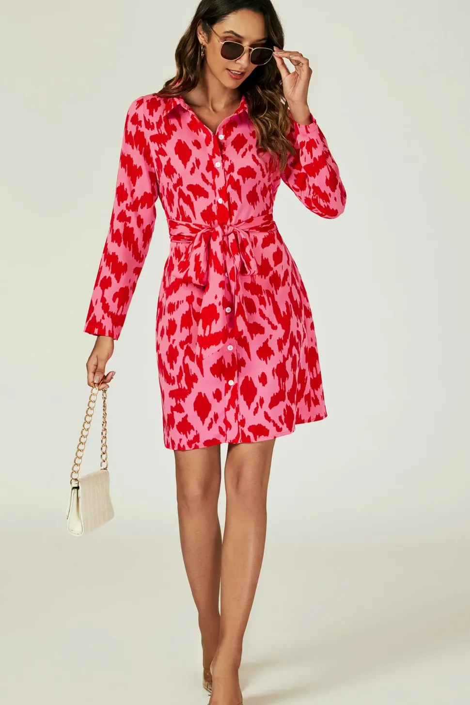 Abstract Print Shirt Mini Wrap Dress In Pink