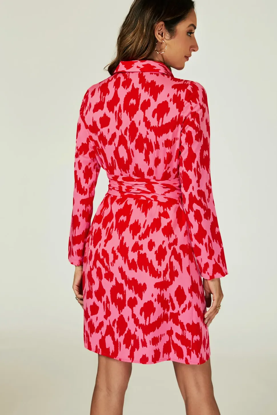 Abstract Print Shirt Mini Wrap Dress In Pink