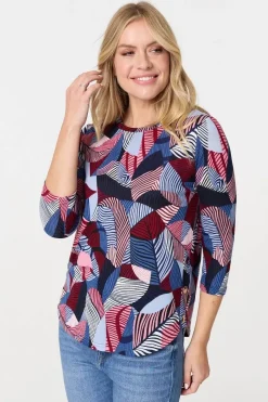 Abstract Print 3/4 Sleeve Curve Hem Top
