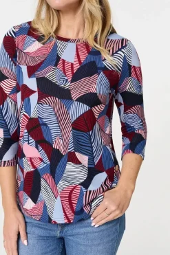 Abstract Print 3/4 Sleeve Curve Hem Top