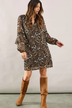 Abstract Print Sleeve Detail Shift Dress