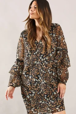 Abstract Print Sleeve Detail Shift Dress
