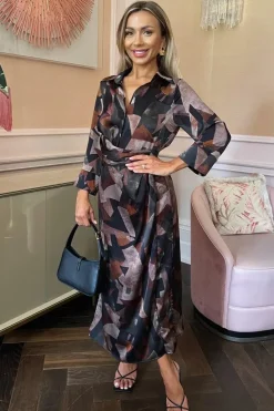 Abstract Print 3/4 Sleeve Shirt Midi Dress