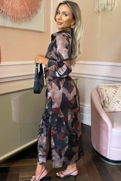 Abstract Print 3/4 Sleeve Shirt Midi Dress