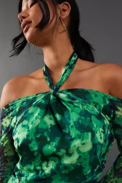 Abstract Print Twist Mesh Midi Dress