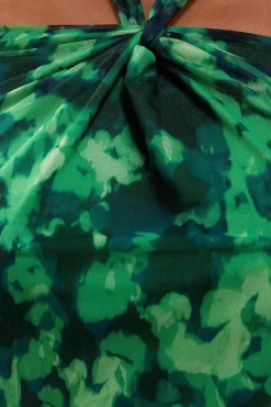 Abstract Print Twist Mesh Midi Dress