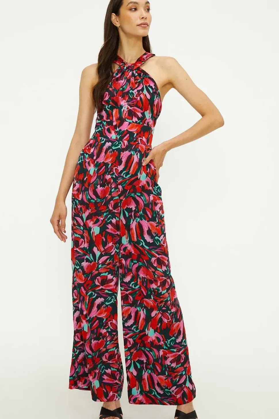 Abstract Print Twist Neck Lined Jumpsuit