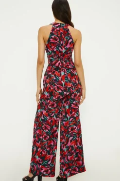 Abstract Print Twist Neck Lined Jumpsuit