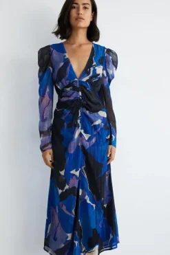 Abstract Ruched Front V Neck Midi Dress