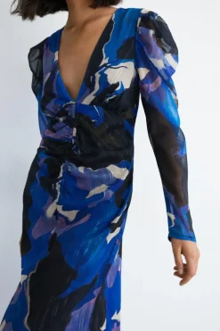 Abstract Ruched Front V Neck Midi Dress