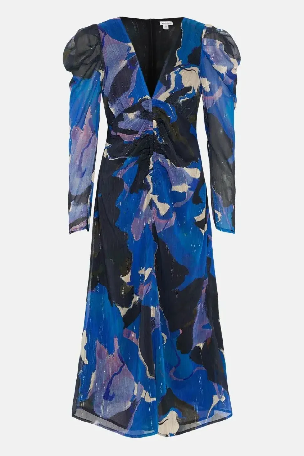 Abstract Ruched Front V Neck Midi Dress
