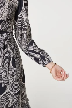 Abstract Ruffled Tie Waist Knee Length Dress
