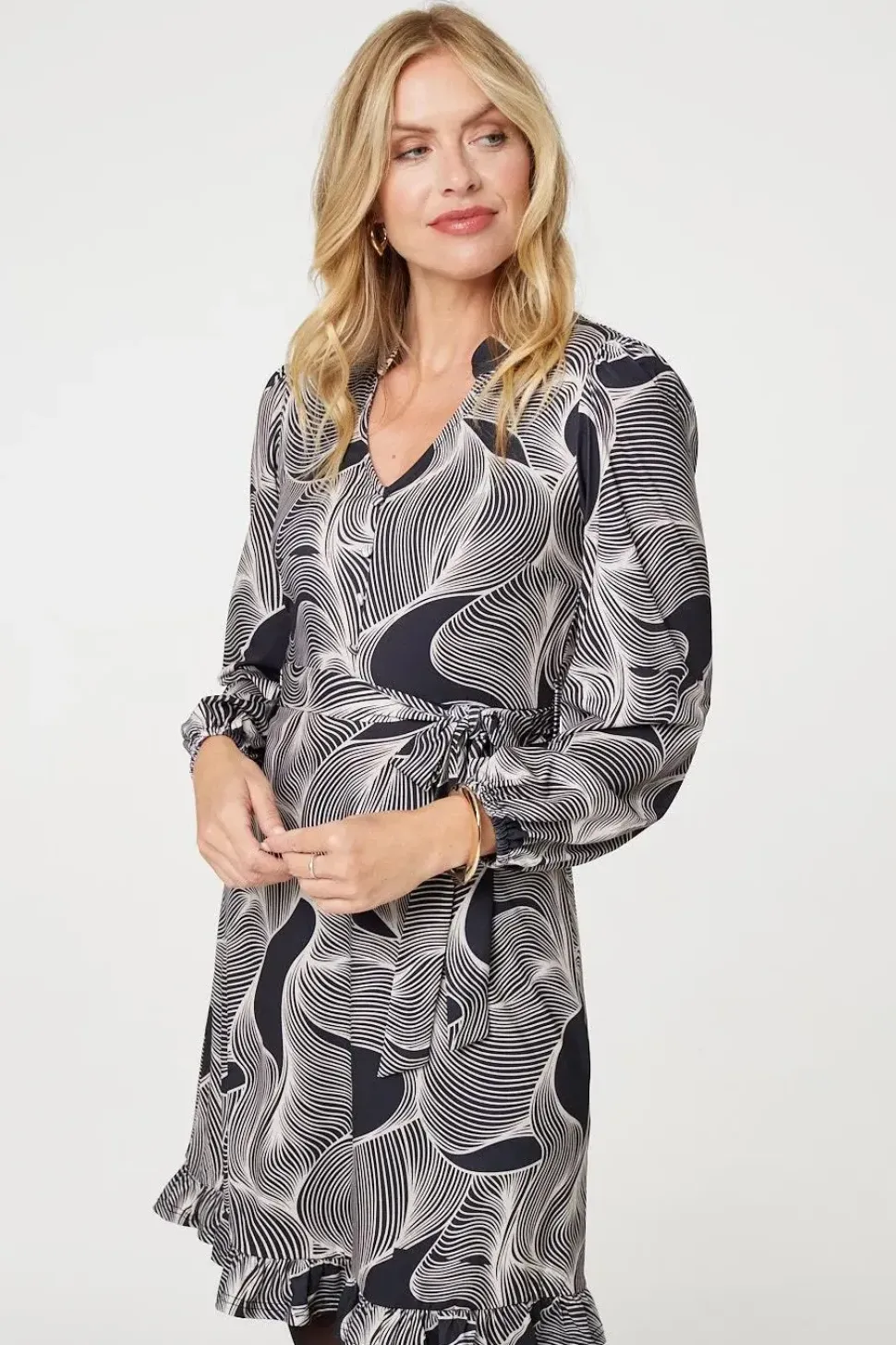 Abstract Ruffled Tie Waist Knee Length Dress