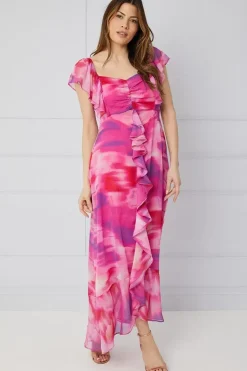 Abstract Ruffle Front Maxi Dress