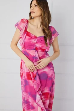 Abstract Ruffle Front Maxi Dress