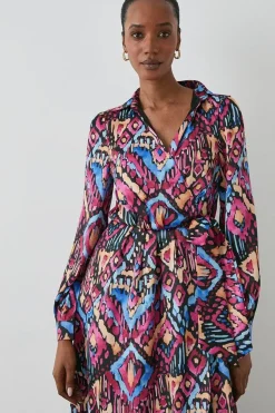 Abstract Satin Collared Wrap Dress