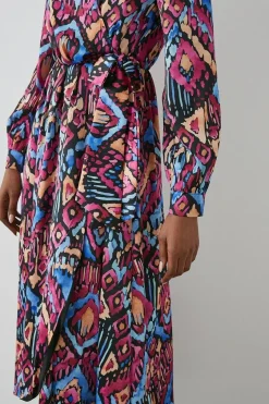 Abstract Satin Collared Wrap Dress