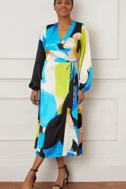 Abstract Satin Wrap Midi Dress