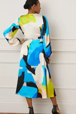 Abstract Satin Wrap Midi Dress