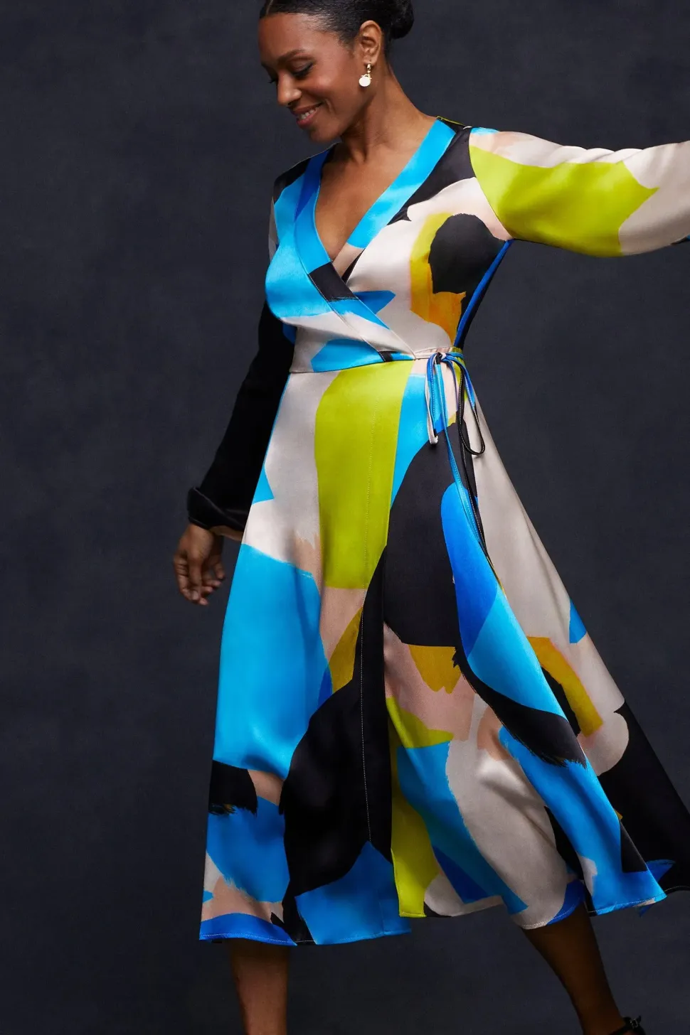 Abstract Satin Wrap Midi Dress