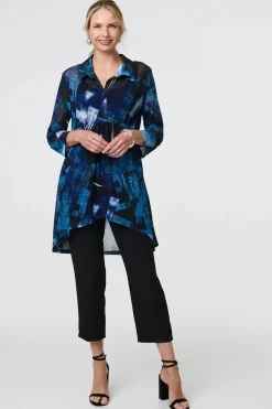 Abstract Sheer Curve Hem Longline Shirt
