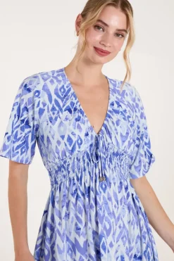 Abstract Shirred Waist V Neck Dress