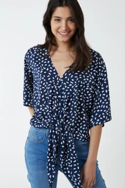 Abstract Spot Tie Front Batwing Top