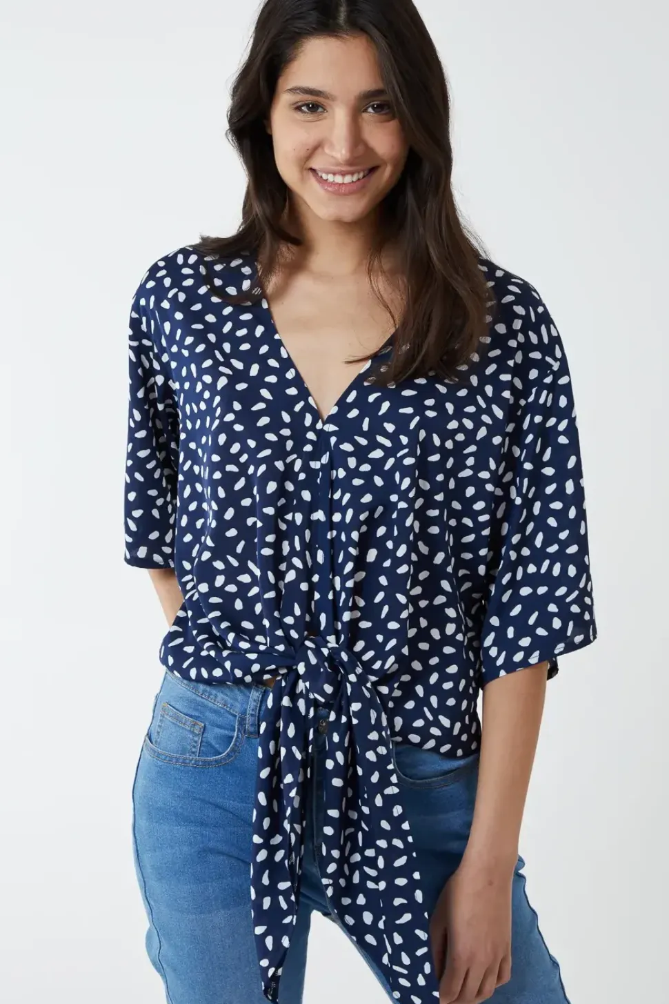 Abstract Spot Tie Front Batwing Top