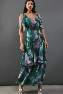 Abstract Strappy Chiffon Tendril Layer Midi Dress