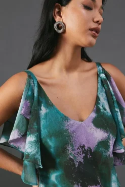 Abstract Strappy Chiffon Tendril Layer Midi Dress