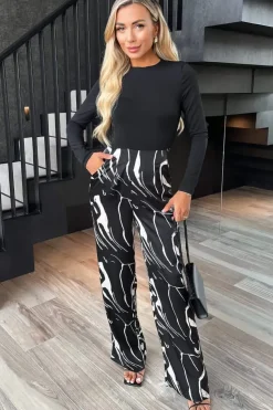 Abstract Stripe Print 2 in 1 Long Sleeve Wide Leg Jumpsuit