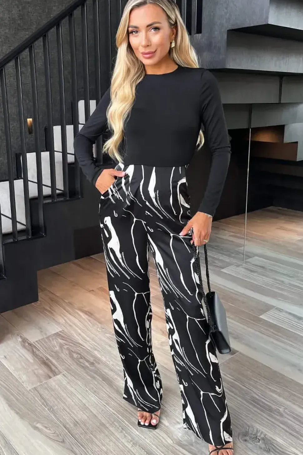 Abstract Stripe Print 2 in 1 Long Sleeve Wide Leg Jumpsuit