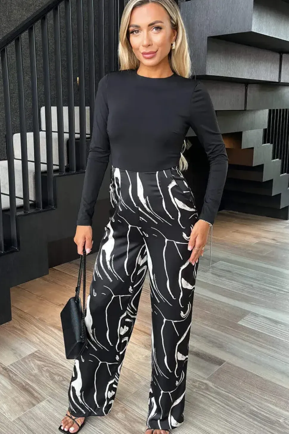 Abstract Stripe Print 2 in 1 Long Sleeve Wide Leg Jumpsuit