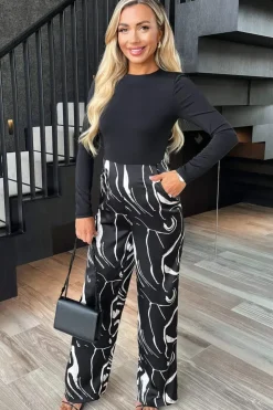 Abstract Stripe Print 2 in 1 Long Sleeve Wide Leg Jumpsuit