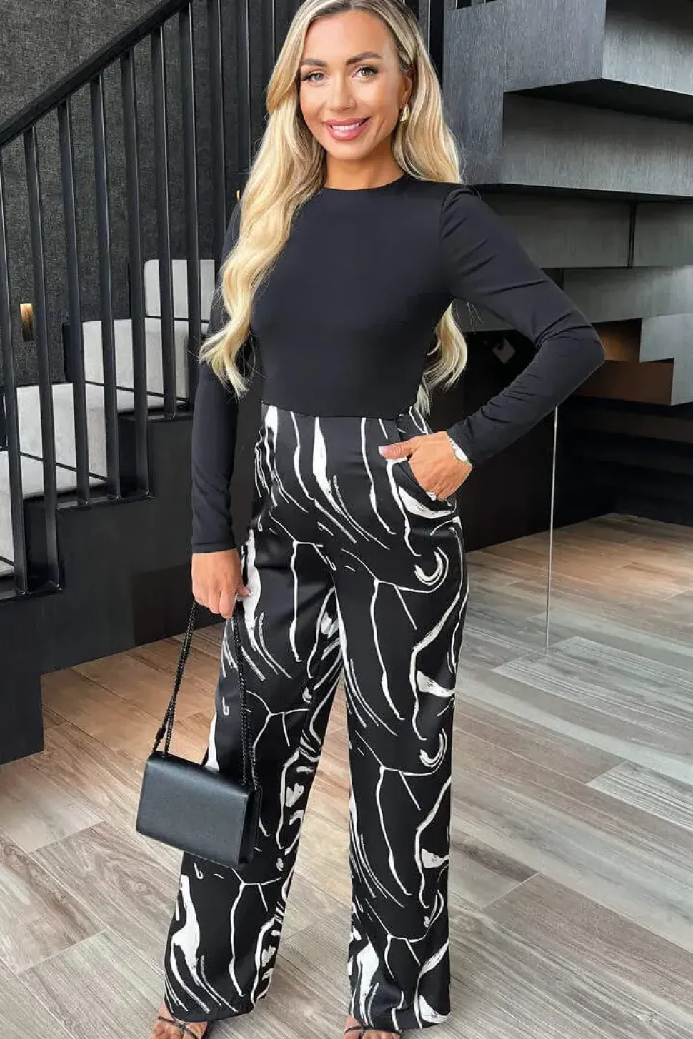 Abstract Stripe Print 2 in 1 Long Sleeve Wide Leg Jumpsuit