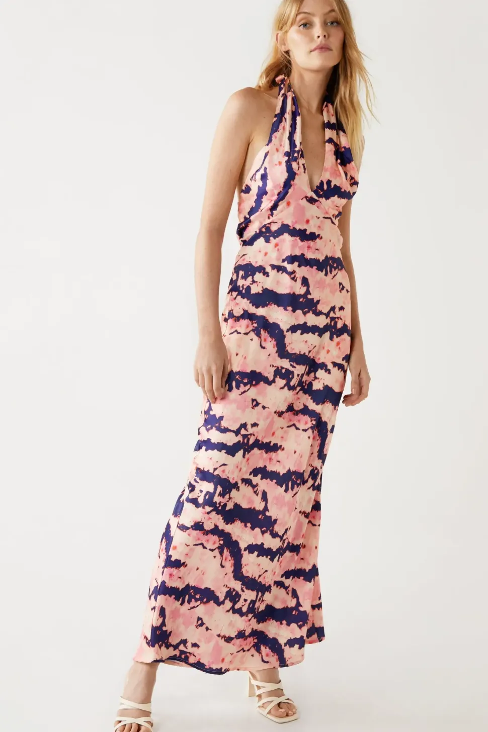 Abstract Tie Dye Halter Cross Neck Slip Dress