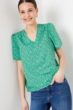 Abstract V Neck Gathered Shoulder Top