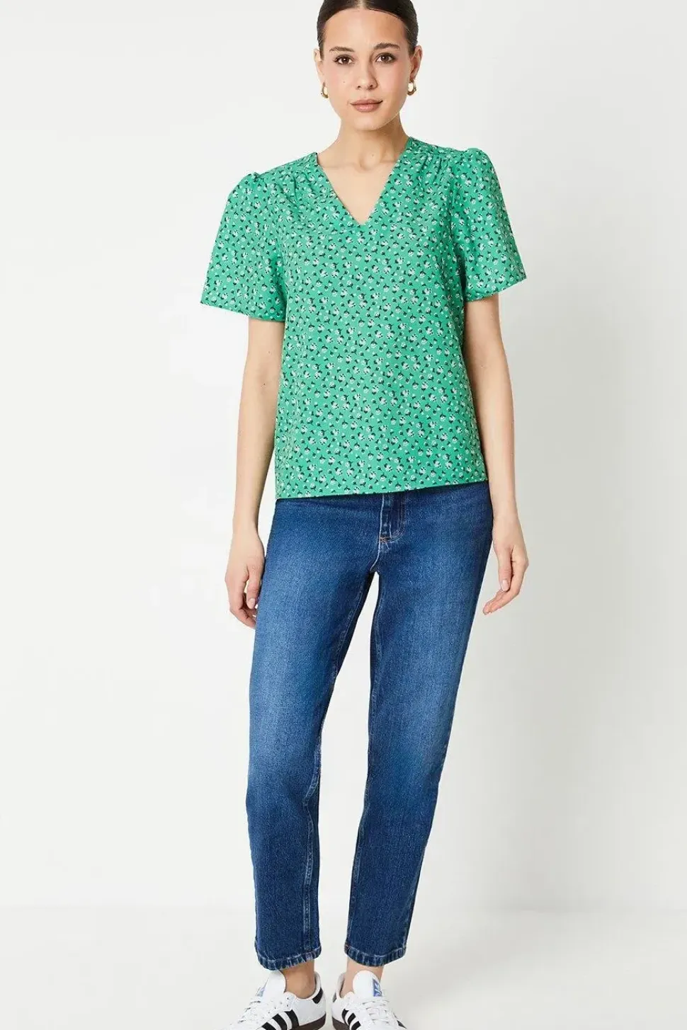 Abstract V Neck Gathered Shoulder Top