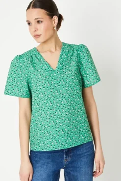 Abstract V Neck Gathered Shoulder Top
