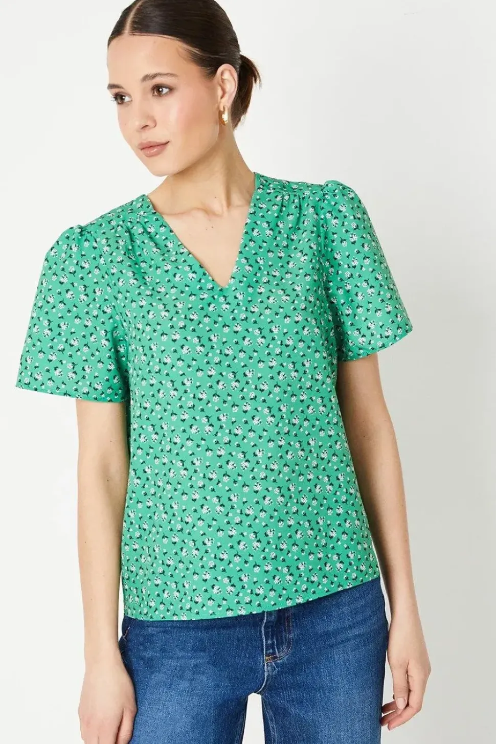 Abstract V Neck Gathered Shoulder Top