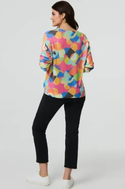 Abstract V-Neck Long Sleeve Knit Top