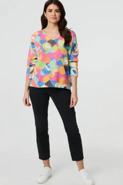 Abstract V-Neck Long Sleeve Knit Top